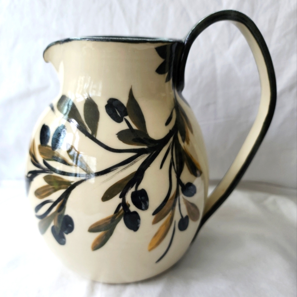 Studio Art Pottery Pitcher Handpainted Jug Olive Branches Signed French Country